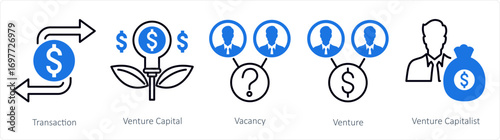 A set of 5 mix icons as transaction, venture capital, vacancy
