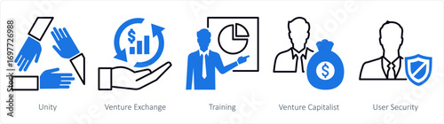 A set of 5 mix icons as unity, venture exchange, training