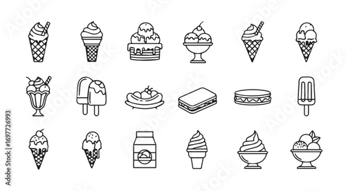 Collection of various ice cream desserts and treats in a stylized silhouette outline