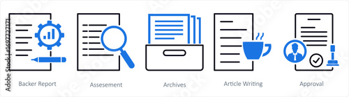A set of 5 mix icons as backer report, assessment, archives