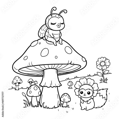 A charming coloring page of a cartoon bee on a toadstool with a cute flower animal in a fantasy forest, a printable activity sheet for kids