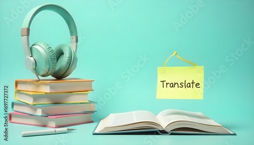 Wallpaper Mural Stack of books with headphones and a notebook on a blue background, symbolizing language and translation for International Translation Day Torontodigital.ca