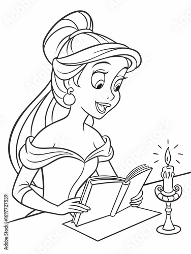A beautiful fairytale maiden reading an open book by candlelight, a lovely and detailed printable coloring page for children