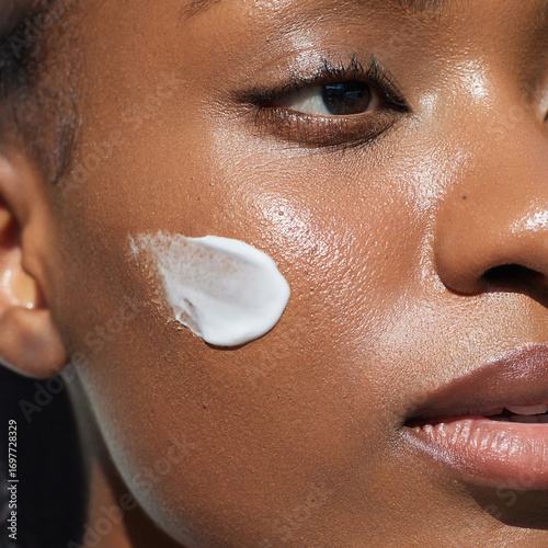 Natural Skin care beauty portrait. Cream smear. Hydration and oil balance. Nourishing and moisturising. African American young woman with  cosmetic product on her face