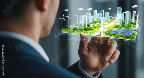 Over the shoulder view of a businessman analyzing a glowing, detailed holographic model of a sustainable smart city, concept of urban planning and investment.