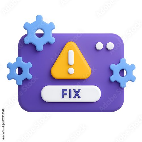 Computer error notification with fix button and gears isolated on transparent background