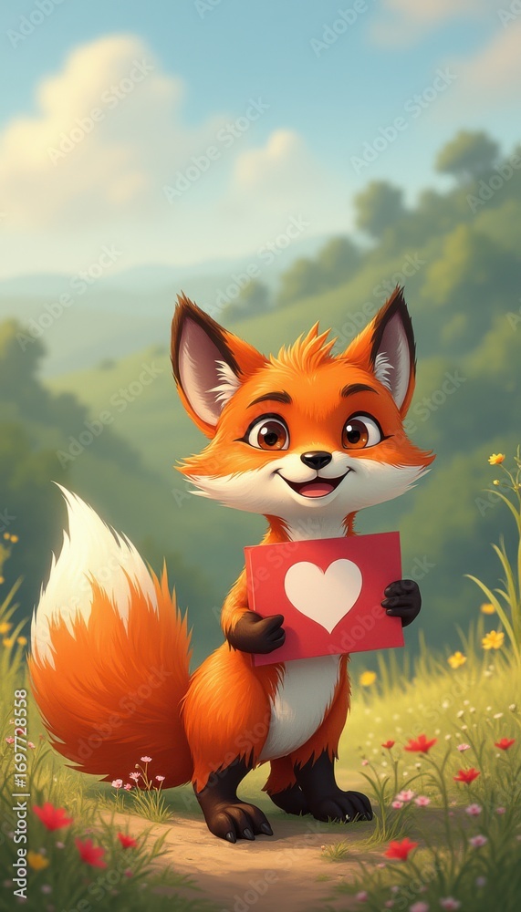 Obraz premium Cute fox holding heart card in sunny outdoor field