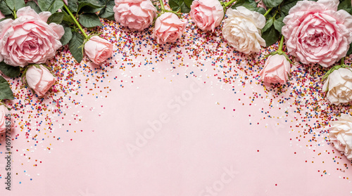 Frame made of rose flowers, confetti on pink background. Valentine's Day background.