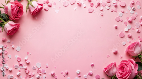 Frame made of rose flowers, confetti on pink background. Valentine's Day background.