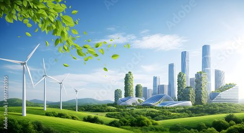 Vision of a futuristic eco-city with lush green buildings and wind turbines, representing sustainable urban development in harmony with nature under a clear blue sky.