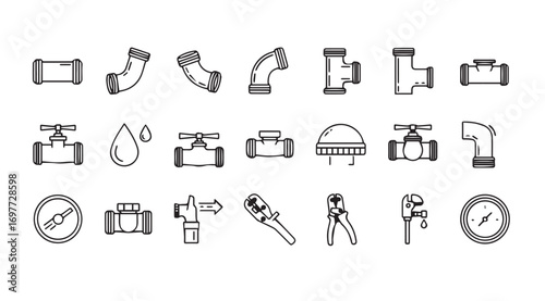 Collection of plumbing fixtures and tools in a simple silhouette style