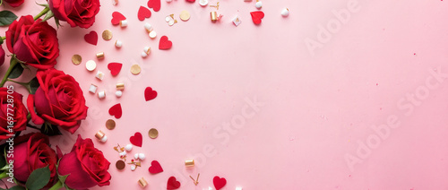Frame made of rose flowers, confetti on pink background. Valentine's Day background.