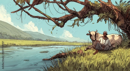 A tranquil scene depicts a person seated beside a bovine, serene under a sprawling tree, beside a placid river, in a picturesque landscape.