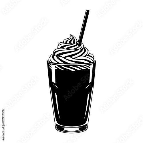 Black and white illustration of a tall glass with a dark beverage and whipped cream topping