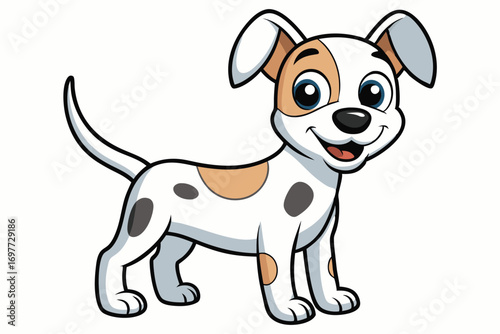 Cartoon Cheerful Spotted Puppy with Blue Eyes, Standing on White Background