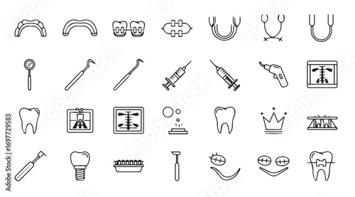 Collection of dental instruments and anatomy icons in silhouette
