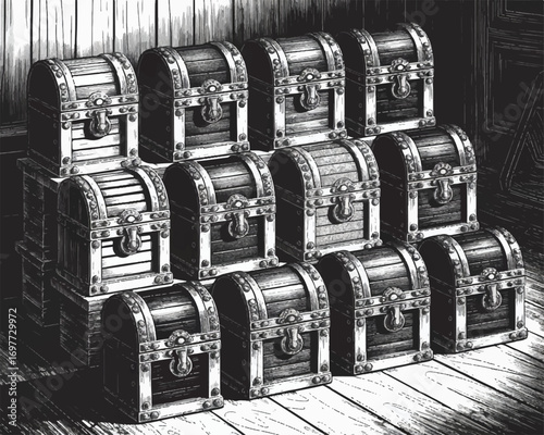 Monochrome Treasure Chest Stack Illustration Vintage Style Pirate Booty Storage Concept