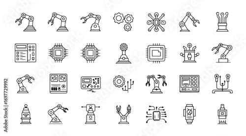 Collection of industrial robot arm and automation icons silhouette