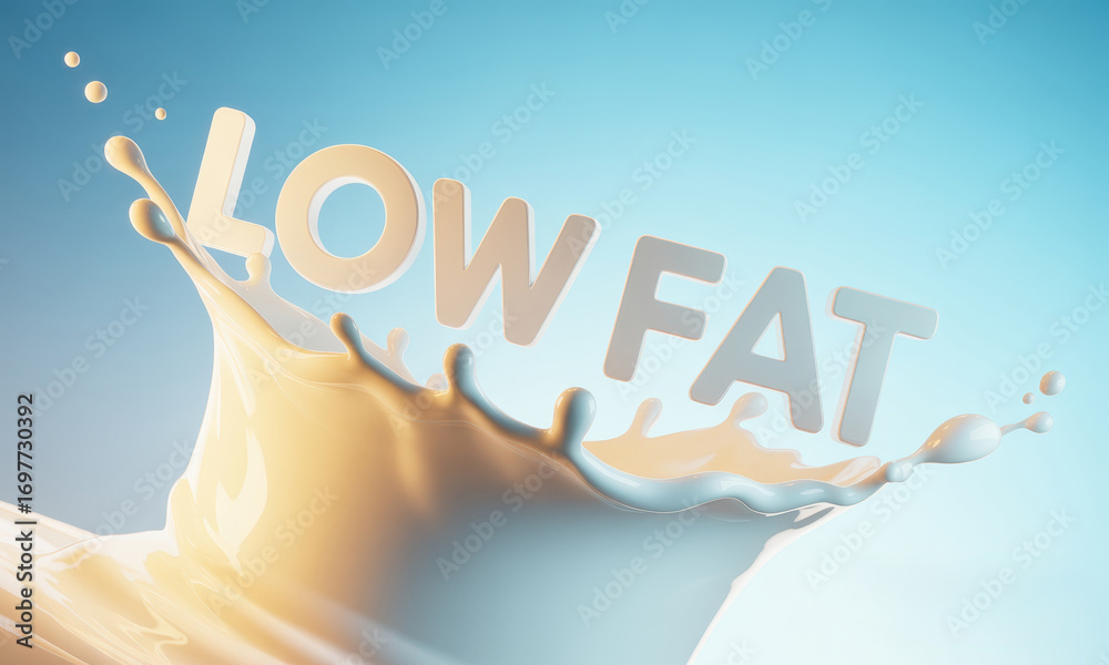 Fototapeta premium Dynamic low fat text emerging from a white liquid splash against a bright blue background