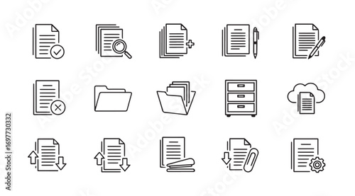 Collection of document and file management icons in a sketchy silhouette style