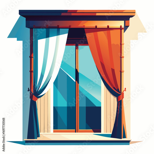 Elegant home window with decorative red and white curtains and sunlight isolated on a background