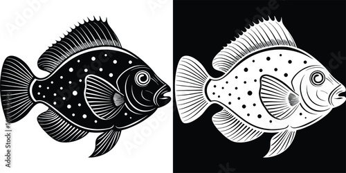 Striking black and white spotted fish illustration captures aquatic life's elegance and detail, perfect for design projects.