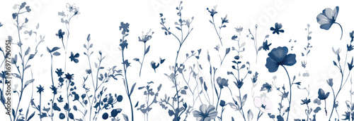 Delicate watercolor illustration of a field of wildflowers and grasses in shades of blue and indigo