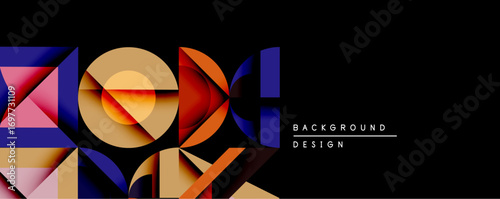 Abstract geometric composition. Overlapping shapescircles, triangles, rectanglescreate dynamic visual interest against dark background. Modern design elements suggest depth, contrast, vibrant color pa