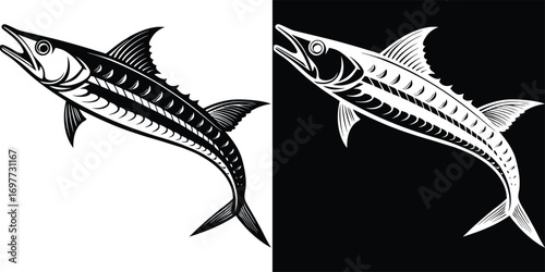 Sleek barracuda fish illustration in bold monochrome, perfect for nautical decor and sports branding