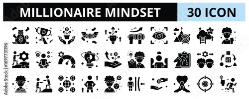 30 Millionaire Mindset Glyph Icons Vector - Growth Mindset, Vision, Goals, Self Disciplined, Innovation, Investment, Strategic Thinking, Action