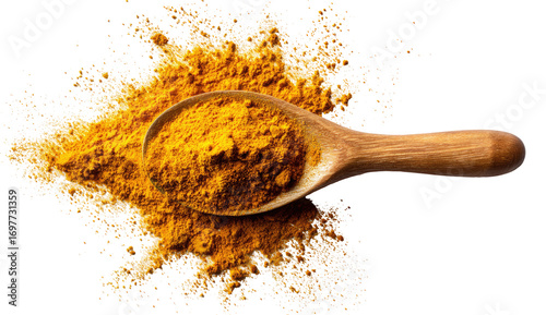 Fototapeta Naklejka Na Ścianę i Meble -  Golden spice powder in wooden spoon, scattered