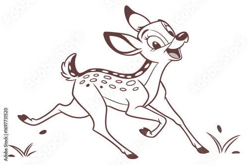 Cartoon Fawn Running with Joyful Expression on White Background Line Art