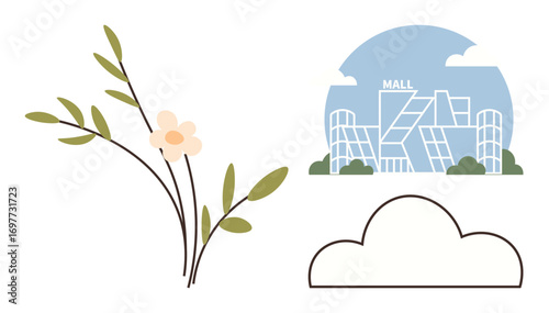 Minimal shopping mall in a circle sky backdrop, flower branch with leaves, and a simple outlined cloud. Ideal for retail, nature, environment, lifestyle, simplicity urban design and balance. A