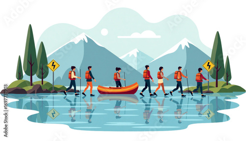 Group of adventurers wearing life jackets walking near a river with mountains in the background