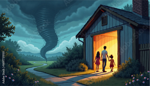 The family is in a hurry to hide in the garage from the approaching tornado from afar in a dramatic setting