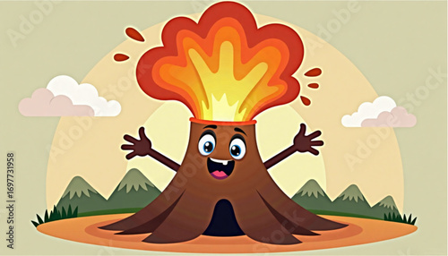 Cheerful cartoon volcano character erupting with lava and smiling in a playful landscape
