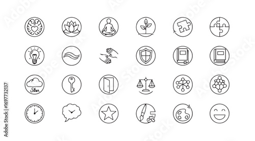 Collection of oval shaped icons and symbols in a distinctive silhouette style