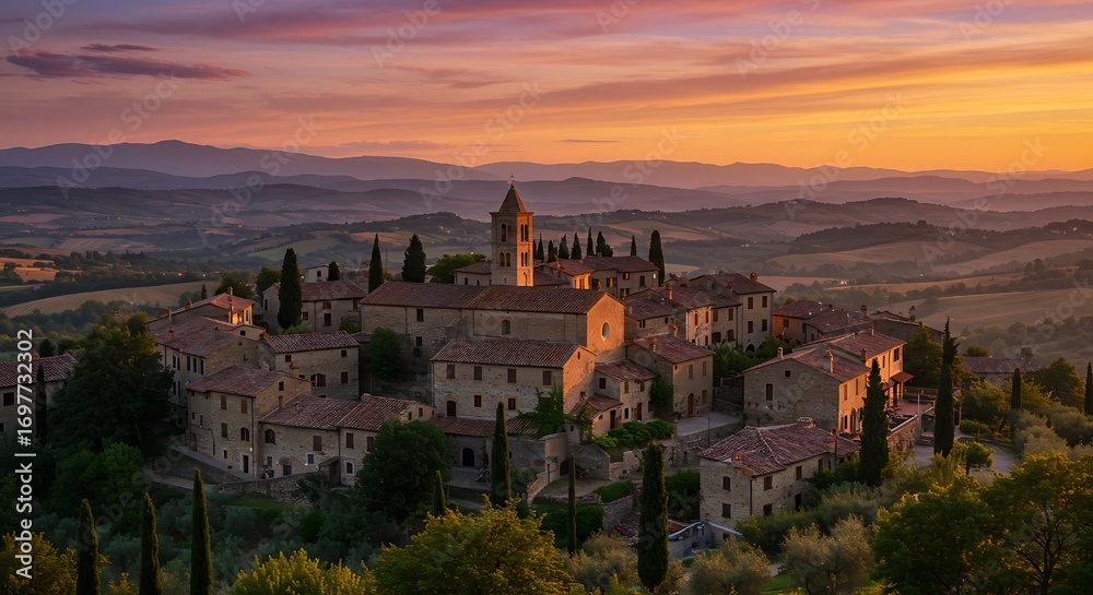 Fototapeta premium An idyllic medieval town in Tuscany, beautifully illuminated by the setting sun's warm light