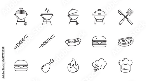 Collection of barbecue and grilling icons in a simple silhouette style