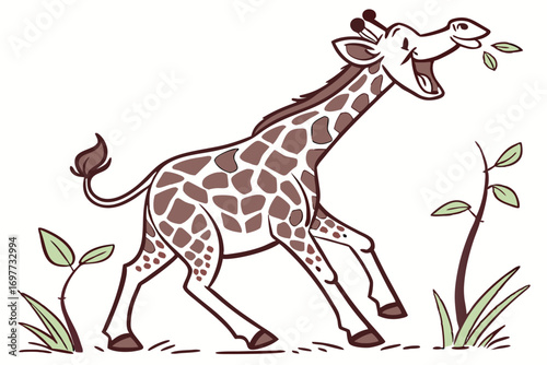 Cartoon Giraffe Eating Leaves with Spots on White Background