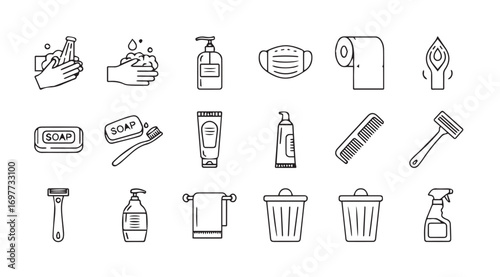 Collection of bathroom and hygiene icons in a sketchy silhouette style