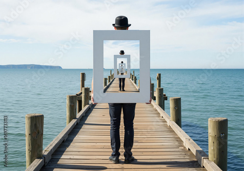 Person holding recursive frames on a tranquil pier