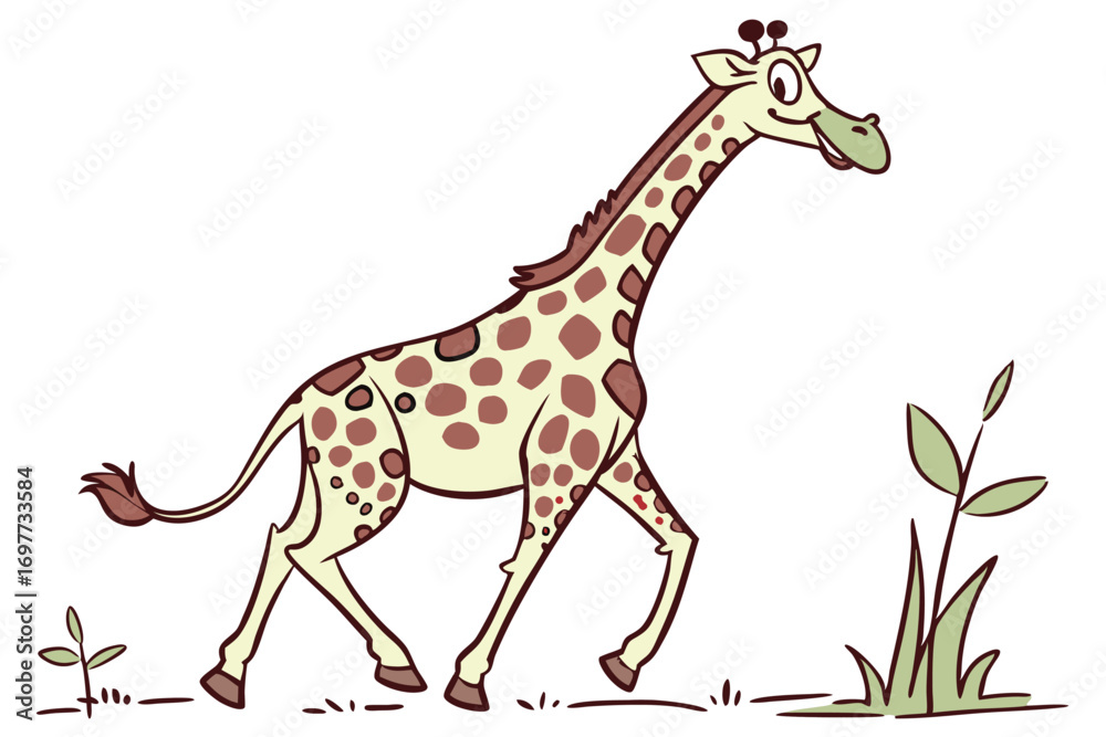 Fototapeta premium Cartoon Giraffe Running on White Background with Brown Spots and Green Plants