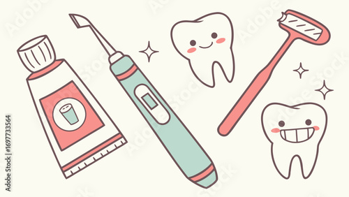 Dental care vector illustration with tooth, toothbrush, dental chair, floss, and smiling tooth character in flat style,Dental care vector illustration with tooth, toothbrush, dental chair, floss.