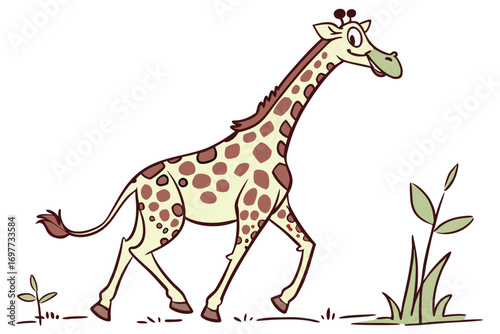 Cartoon Giraffe Running on White Background with Brown Spots and Green Plants