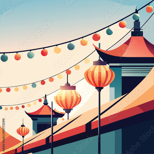 Vibrant illustration of a cultural festival with glowing paper lanterns and string lights on rooftops