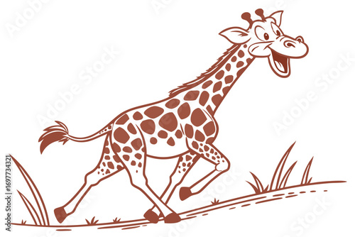 Cartoon Giraffe Running With Brown Spots On White Background