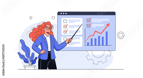 Illustrating a successful business growth strategy with an analyst presenting data and charts on a screen