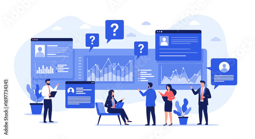 Business professionals analyzing data charts and graphs with question marks indicating problem solving and analysis challenges
