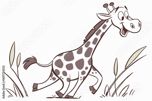 Cartoon Giraffe Running with Joy in Wild Field on White Background